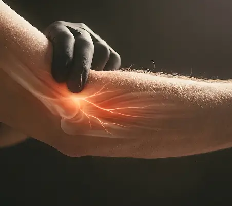 A medical illustration showing a hand applying pressure to an inflamed elbow area, representing the chronic pain and inflammation associated with lateral epicondylitis (tennis elbow).